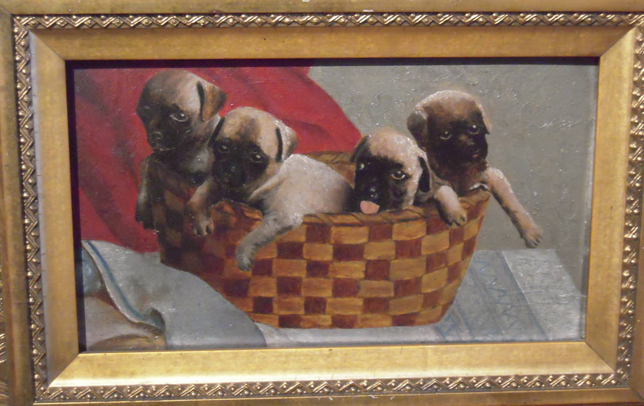 Victorian 19th Century Painting of Four Pug Puppies in a Basket in Period Frame