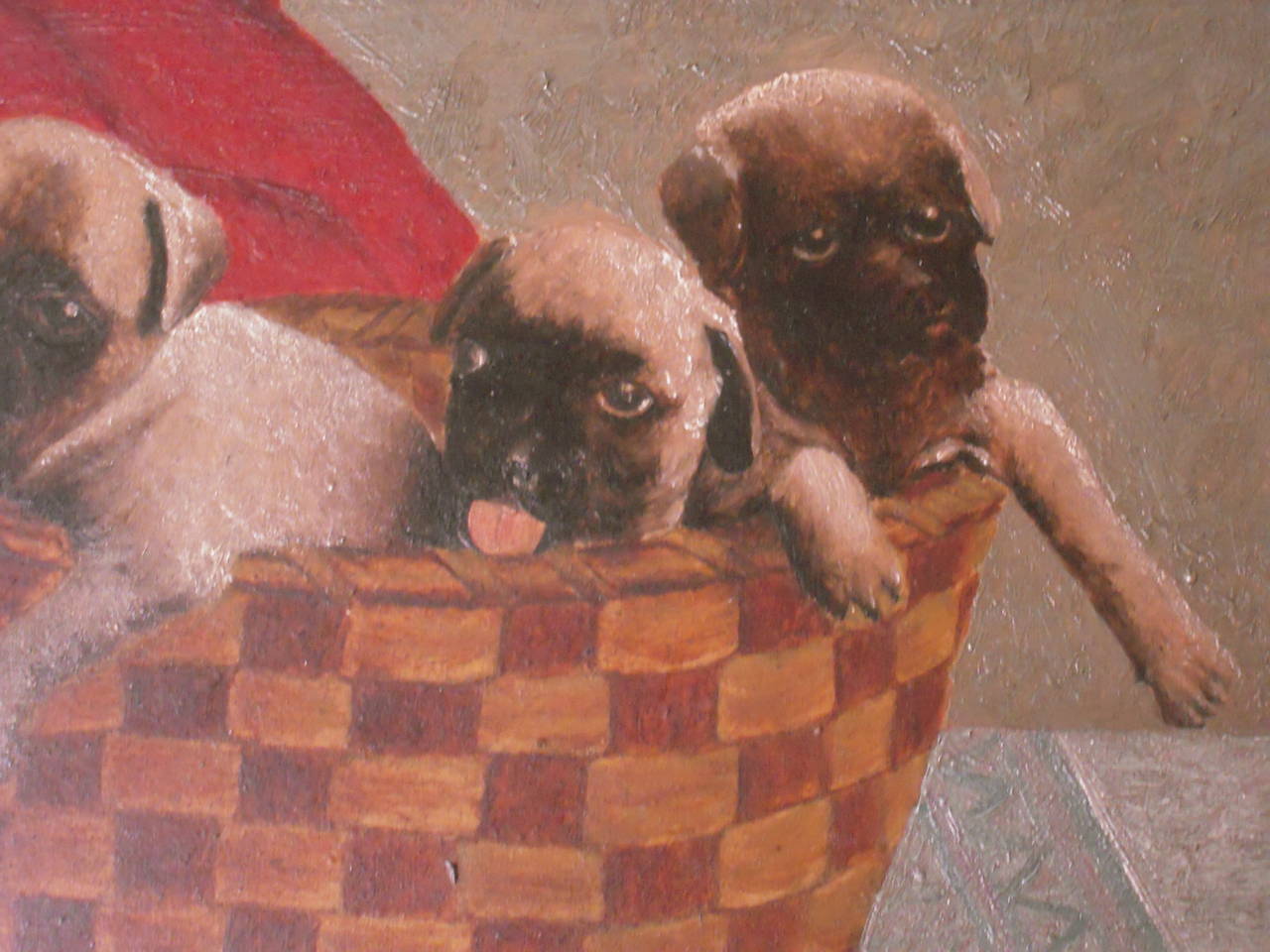 American 19th Century Painting of Four Pug Puppies in a Basket in Period Frame