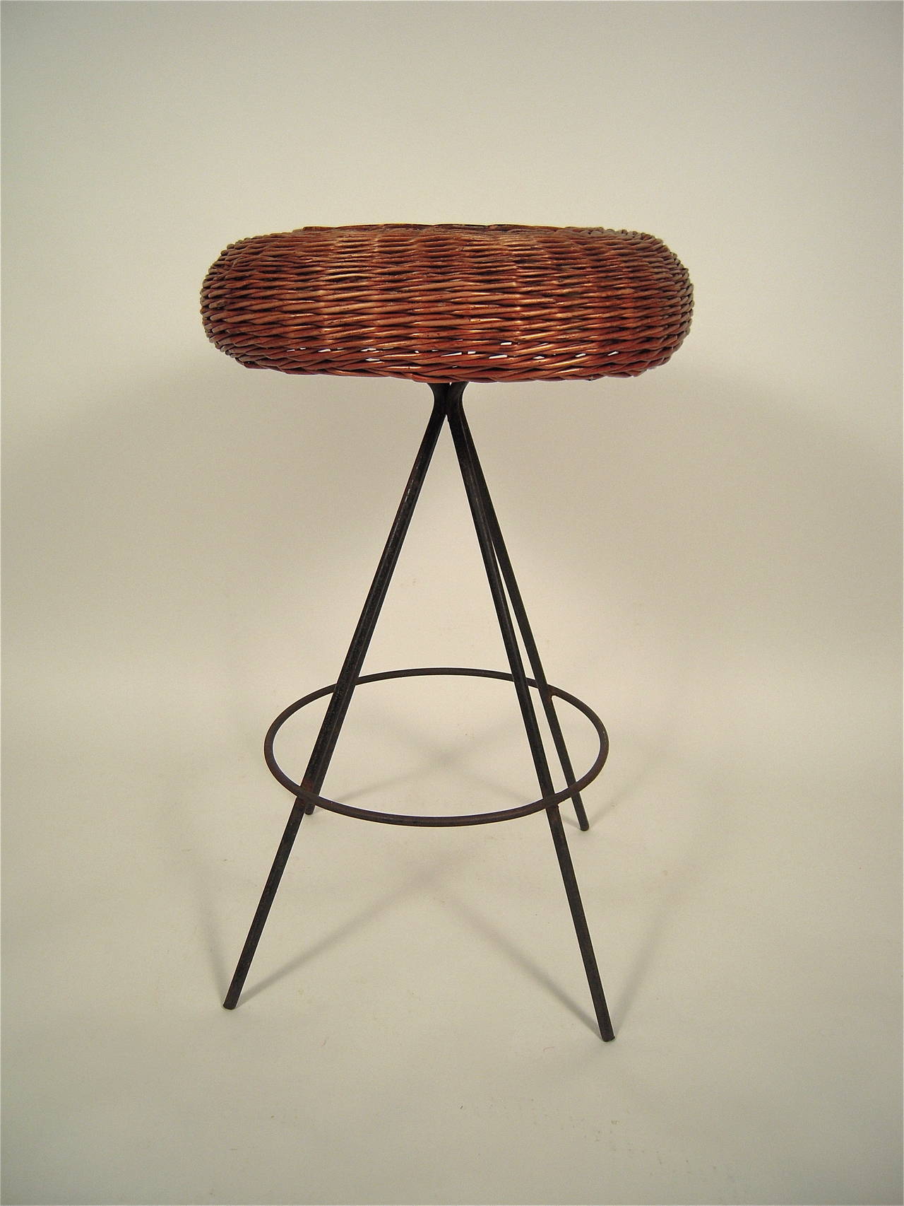Mid Century Modern Wicker and Metal Bar Stool For Sale at 1stdibs