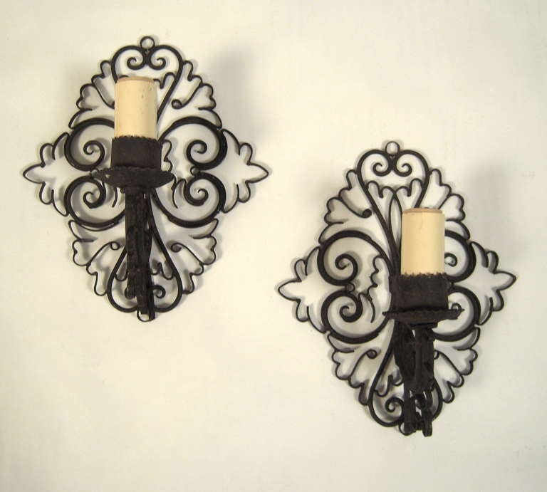 American Pair of Graphic Wrought Iron Wall Sconces