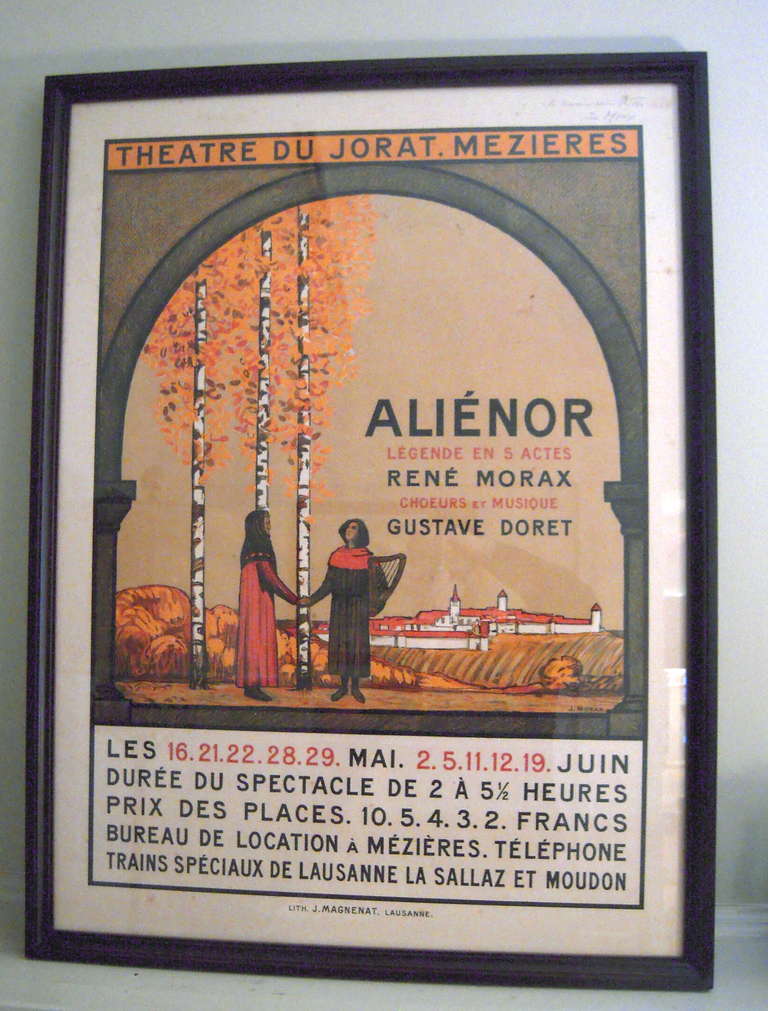 An original Swiss lithograph poster, circa 1910, by Jean Morax for the play, Alienor, French for Eleanor (of Acquitaine), written by René Morax with music by Gustave Doret, a 'legend' in five acts, lasting from 2 to 5 1/2 hours (!),  in  Arts and 