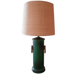 Vintage Italian Green Pottery Lamp with Brass Handles by Zaccagnini