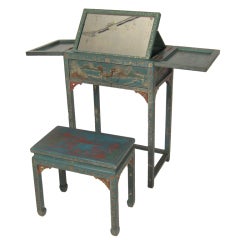 19th C Chinoiserie Blue Lacquered Dressing Table and Stool