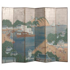 Antique Chinese Scenic Decorated Six-Panel Screen