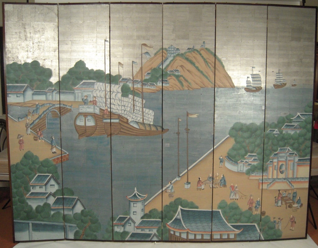 20th Century Chinese Scenic Decorated Six-Panel Screen