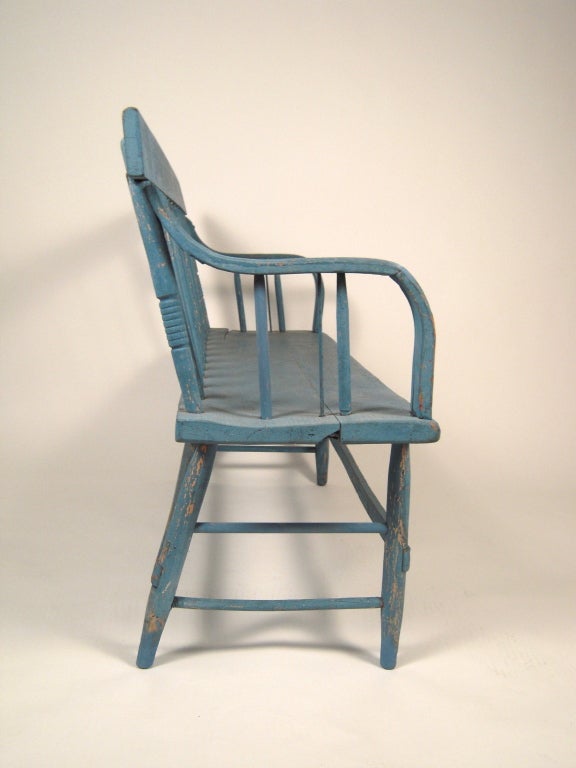 Wood 19th Century American Country Blue Painted Bench