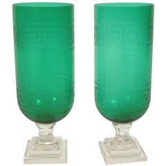 Pair of Regency Style Green Crystal Hurricane Shades