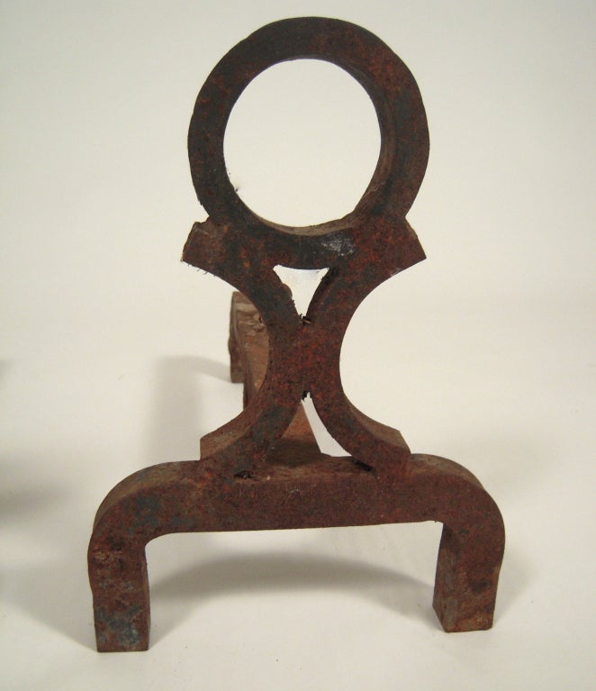 American Pair of Simple, Graphic Wrought Iron Andirons