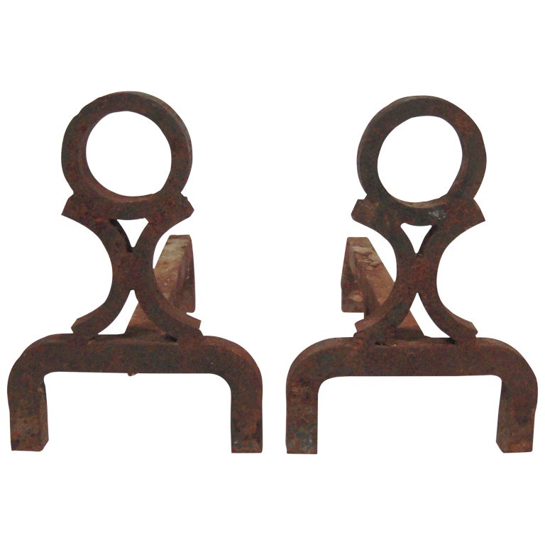 Pair of Simple, Graphic Wrought Iron Andirons