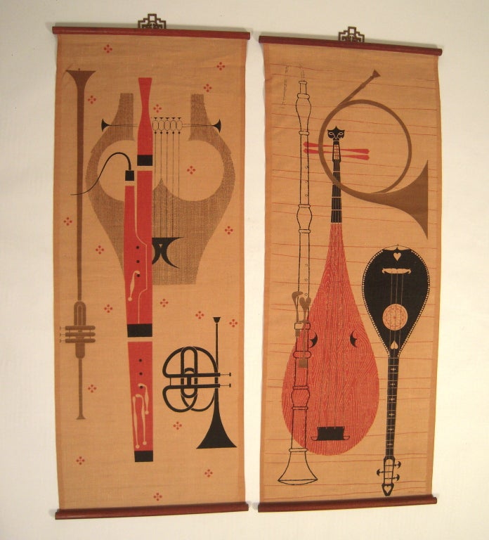 A pair of graphic, mid century modern linen wall hangings featuring musical instruments designed by Ross Littell,  mounted on teak scrolls with original chinosierie brass fretwork hanging hardware, each screen printed on tan linen in terra cotta,
