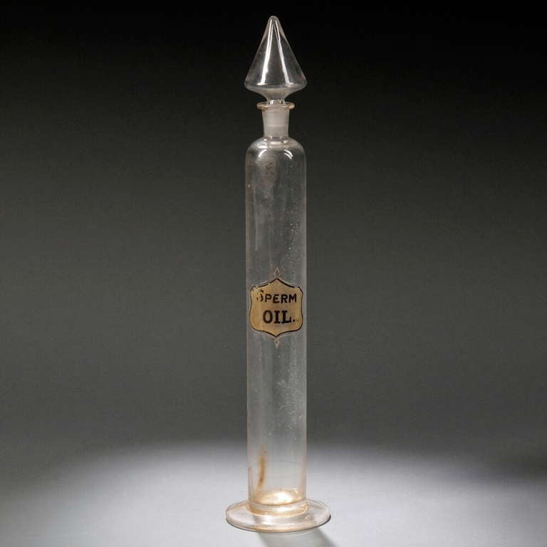 A rare, early 19th century colorless blown glass apothecary bottle to dispense Sperm Whale Oil, of tall cylindrical form, with shield shaped painted gold and black label, 'Sperm Oil.
