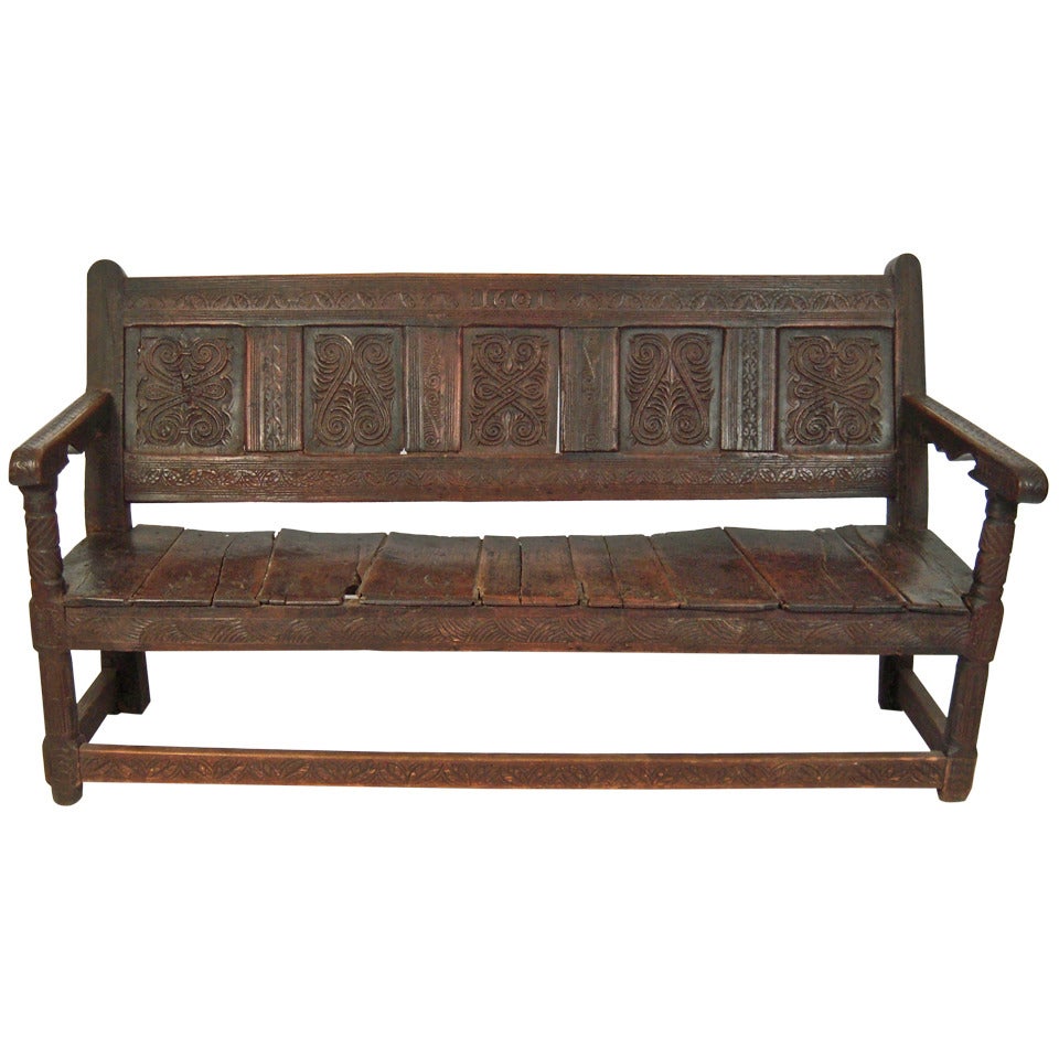 Carved English Oak Settle or Bench