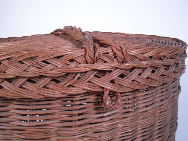 Folk Art Very Large Oval Covered Rattan Basket