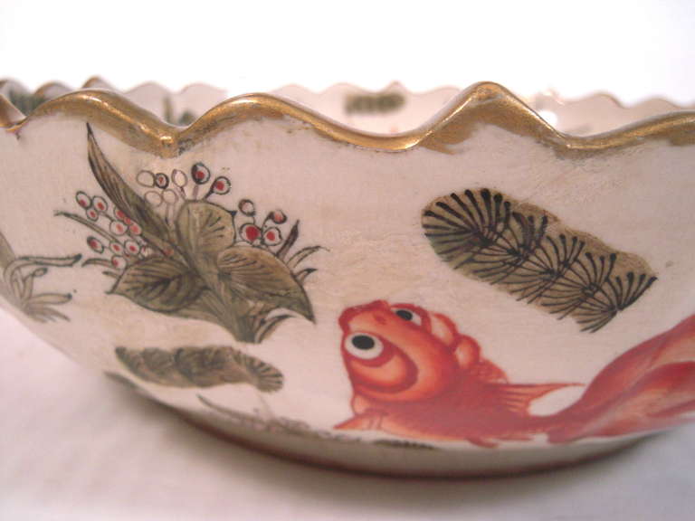 Painted 19th Century Japanese Pottery Koi Fish Decorated Bowl