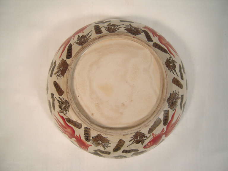 19th Century Japanese Pottery Koi Fish Decorated Bowl In Good Condition In Essex, MA