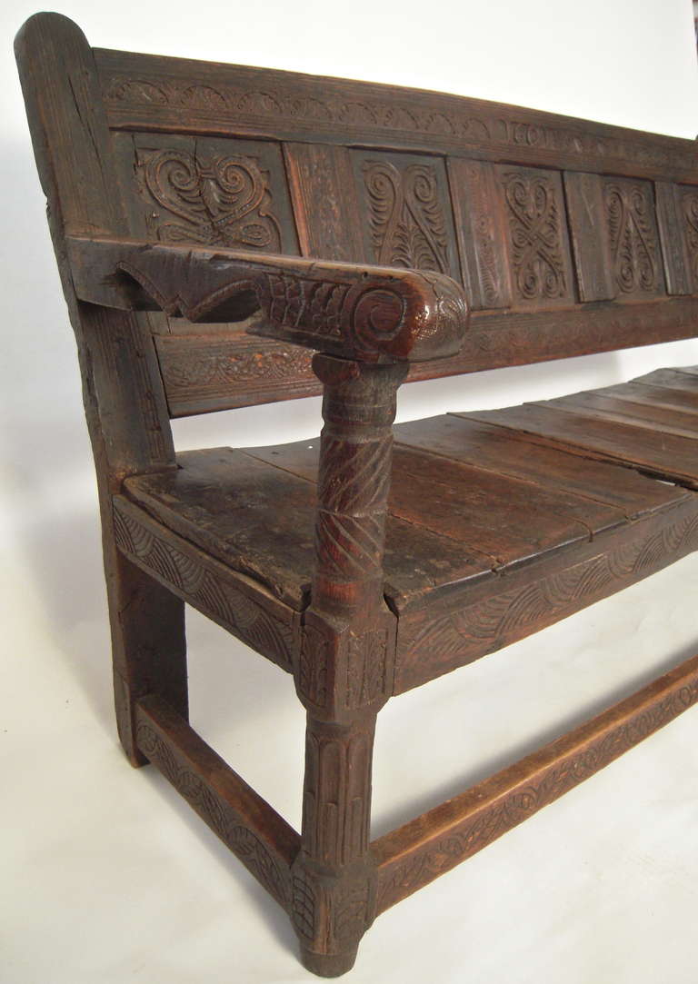19th Century Carved English Oak Settle or Bench