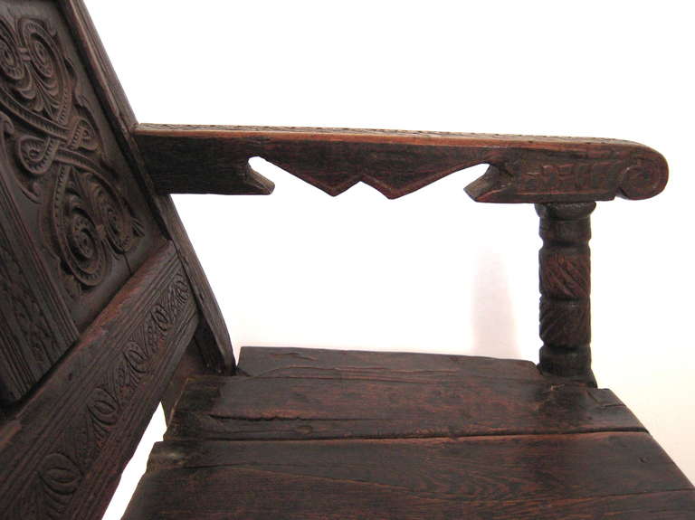Carved English Oak Settle or Bench 1