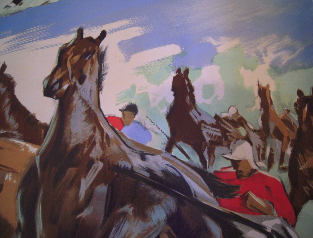 Linen Giant French Horse Racing Poster Mural by Jacquot, circa 1930s For Sale
