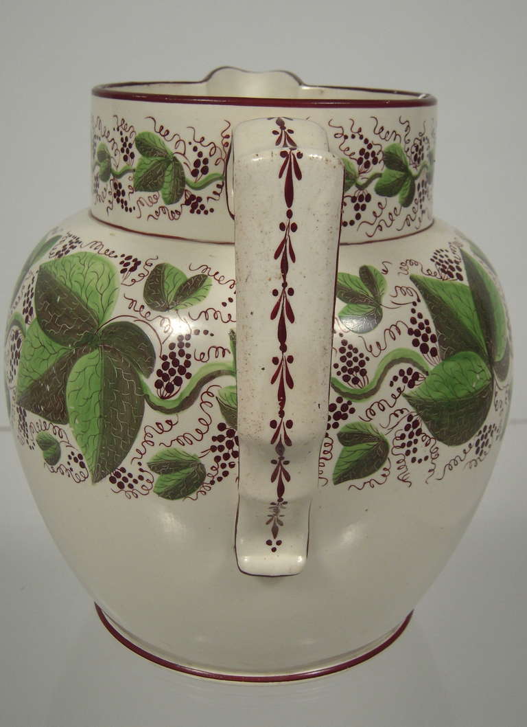 English Large Staffordshire Hand Painted Grape Vine Pitcher