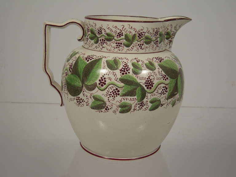 19th Century Large Staffordshire Hand Painted Grape Vine Pitcher
