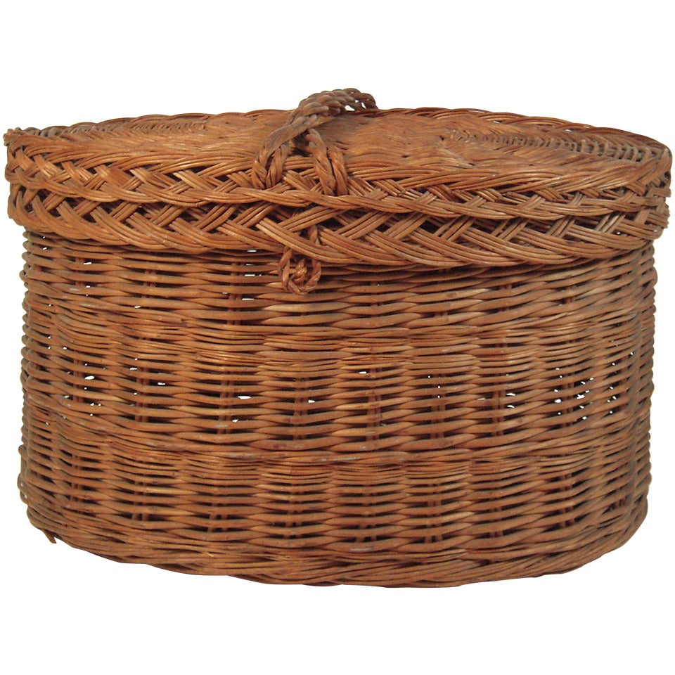 Very Large Oval Covered Rattan Basket