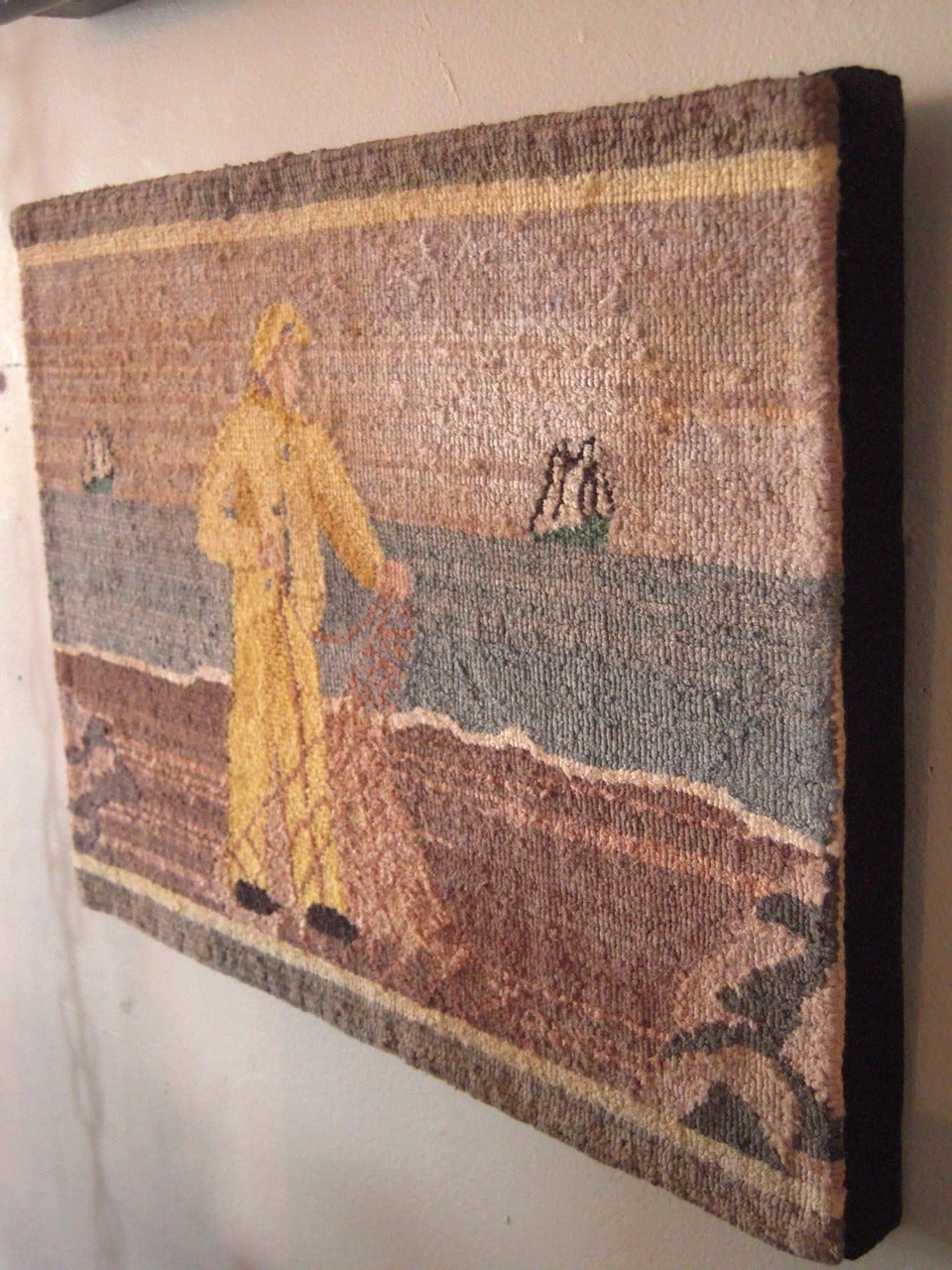 Folk Art Fisherman Hooked Grenfell Mat In Fair Condition In Essex, MA