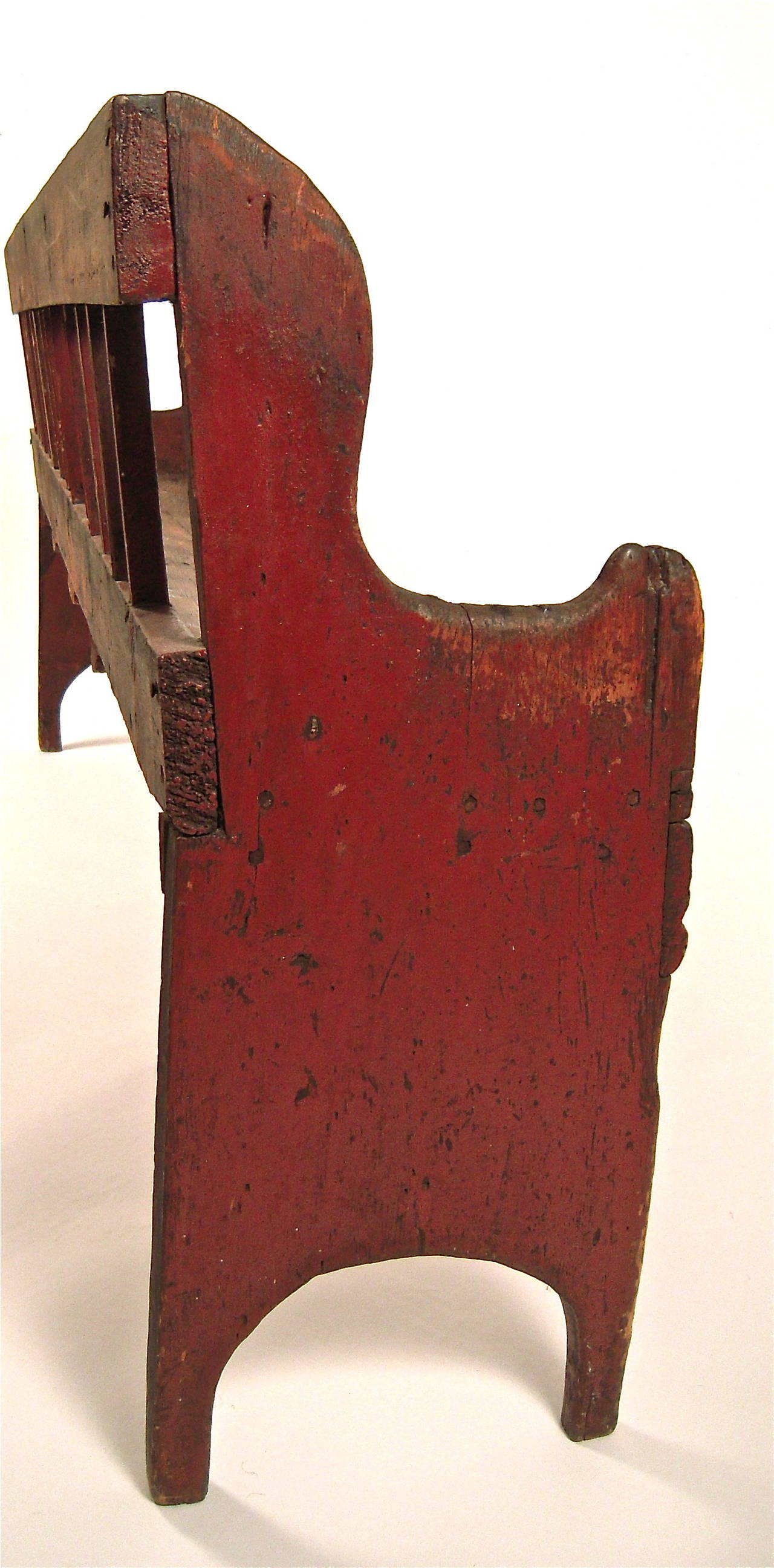 Carved American Country Small Red Painted Bench