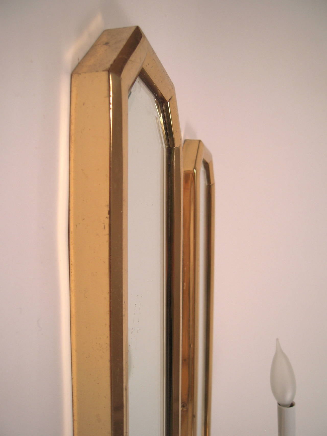 Pair of 1970s Brass and Mirror Wall Sconces In Excellent Condition In Essex, MA