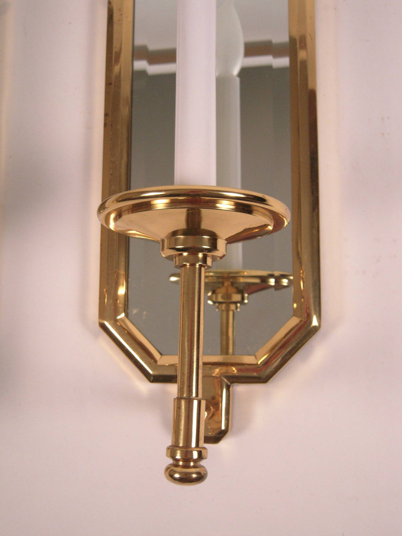 American Pair of 1970s Brass and Mirror Wall Sconces