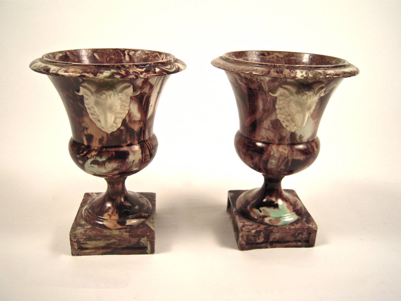 Glazed Pair of 18th Century French Agate Earthenware Urns