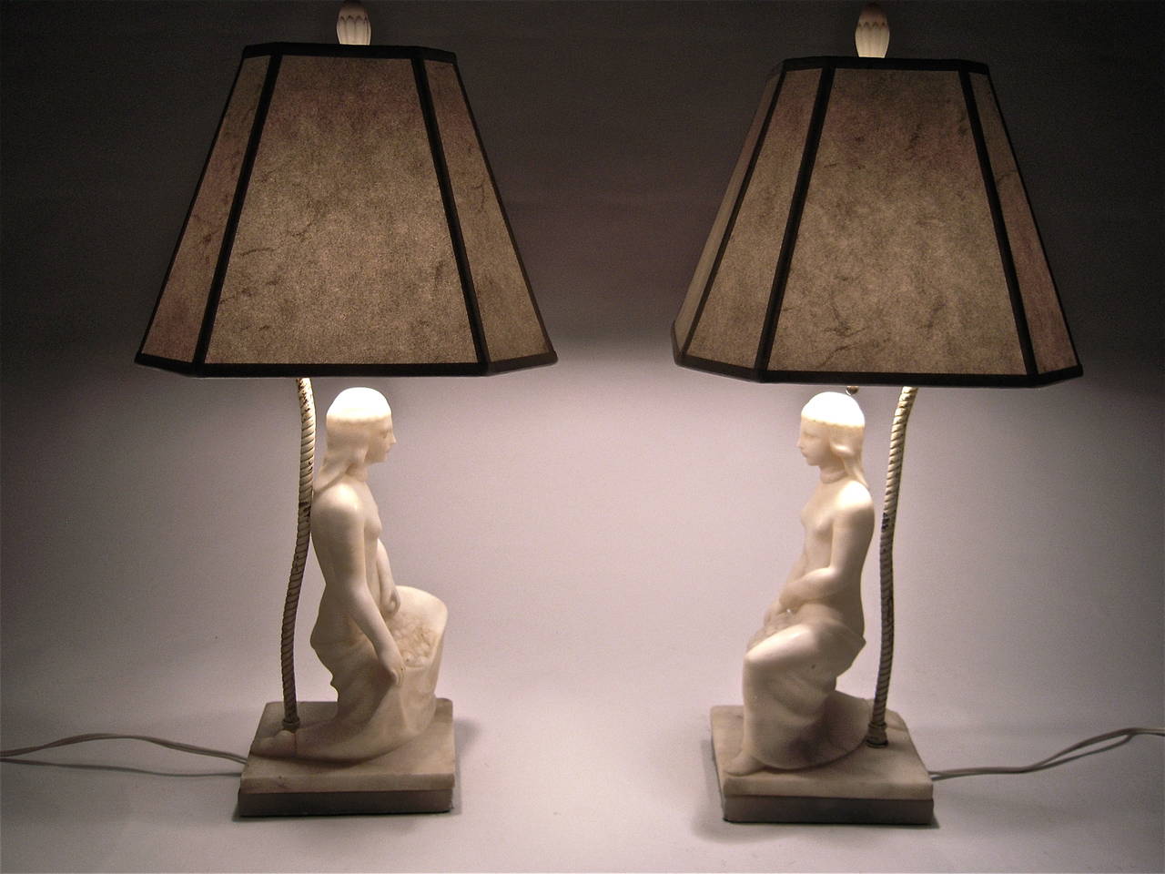 Pair of Art Deco Carved Alabaster Female Figural Lamps 3