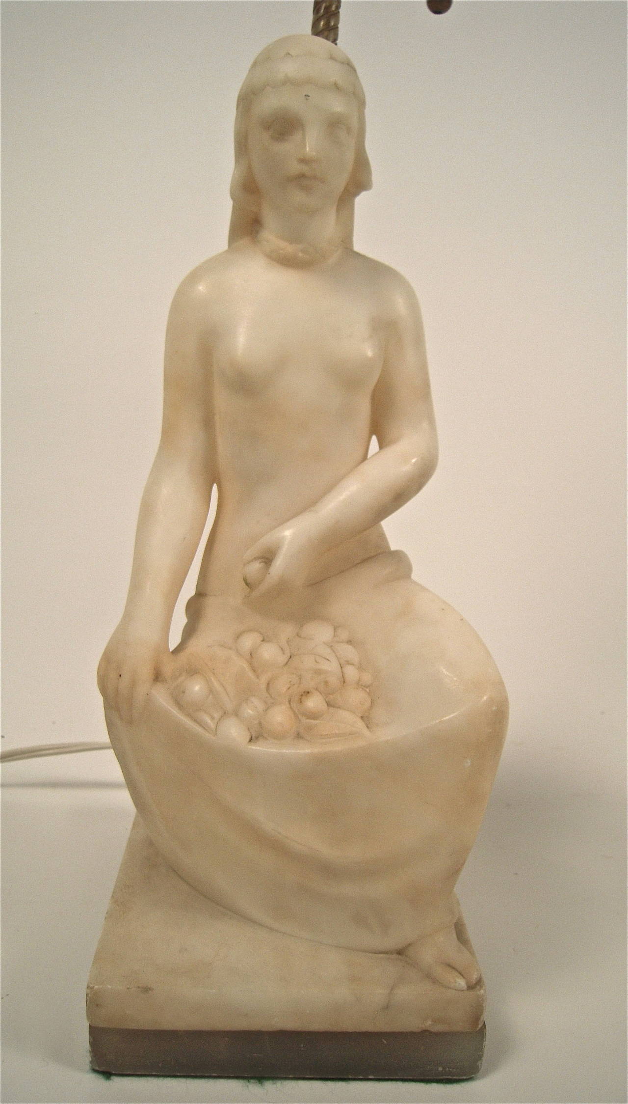 Pair of Art Deco Carved Alabaster Female Figural Lamps In Good Condition In Essex, MA