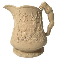 Antique Large 19th Century American Stag and Doe Pitcher with Hound Dog Handle