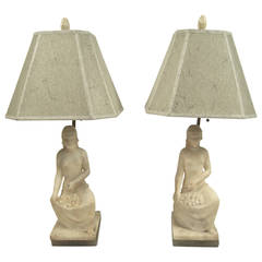 Antique Pair of Art Deco Carved Alabaster Female Figural Lamps