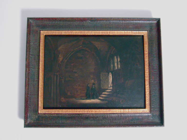 An intimate and atmospheric oil painting by Paul Huet (1803-1869), depicting two figures illuminated by light filtering in from an open door and windows of a cloister in Rouen, France. Signed lower right.

In a newly made, high quality carved and