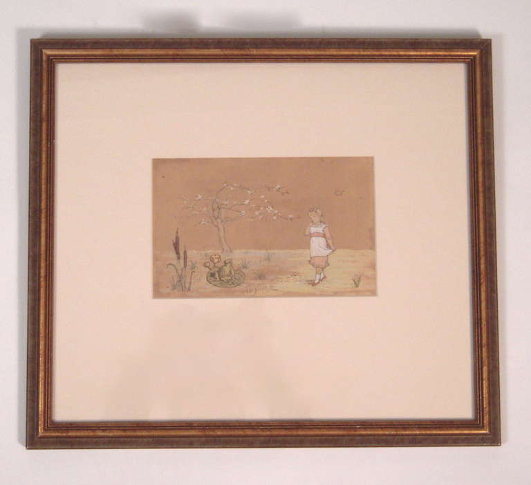 A charming, original pen, ink, watercolor and gouache drawing on paper attributed to Kate Greenaway (British, 1846-1901) of a girl encountering a frog seated on a lily pad underneath a flowering tree. Unsigned. Inscription with provenance on back.