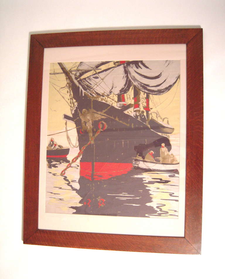 An American half tone and silk screen print depicting a large sailing ship with fishermen in dinghies nearby, on joined paper, circa 1910-20, in an Arts and Crafts period oak frame, newly,  archivally re-matted with new UV-resistant glass.