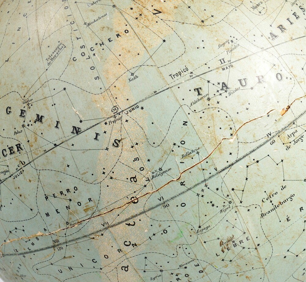 A celestial globe by J. Forest, Paris, for the Spanish language market, comprising twelve chromolithographed printed gores, the constellations indicated in Spanish, a cartouche reading in part, 