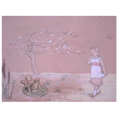 Charming Kate Greenaway Drawing of a Girl Encountering a Frog Prince