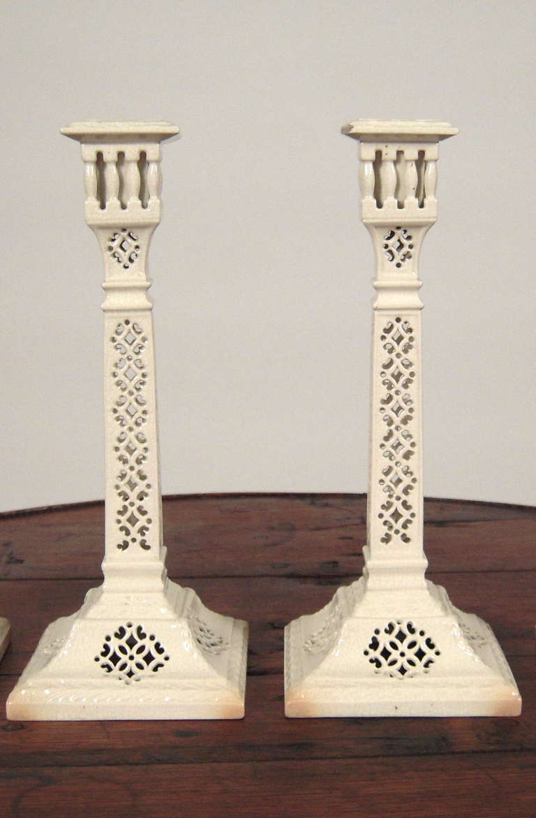 Pair of Leeds Pottery Pierced Creamware Candlesticks 3