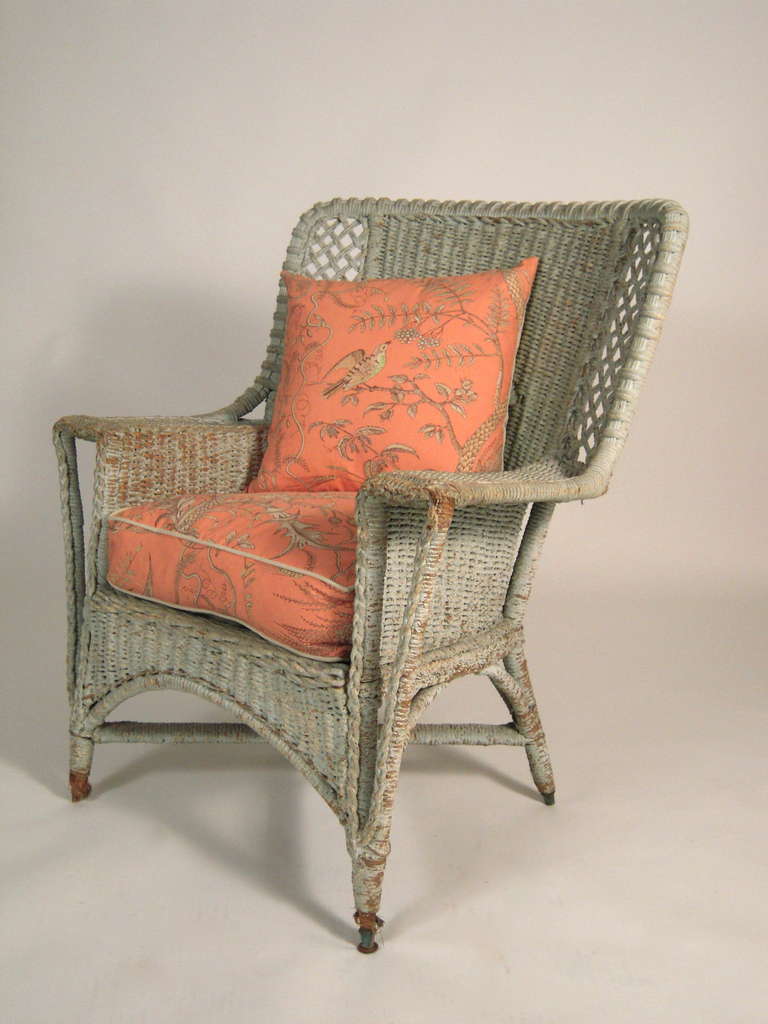 Celadon Green Painted Wicker Chair In Good Condition In Essex, MA