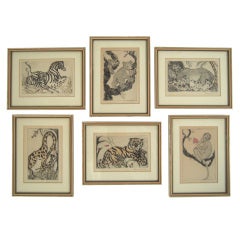 Antique Collection of 6 Mother and Baby Animal Etchings by Clara Tice