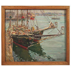 Peinture de Donald Barton représentant le port de Gloucester:: vers les années 1930