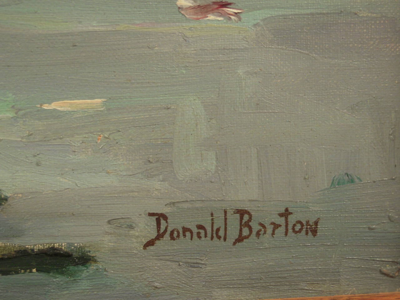 An oil on canvas painting by Donald Blagge Barton (1903-1990) depicting sailing and fishing boats in Gloucester (Massachusetts) harbor, beautifully and expressively painted, in a custom-made chestnut frame. Signed lower right.

Framed dimensions: