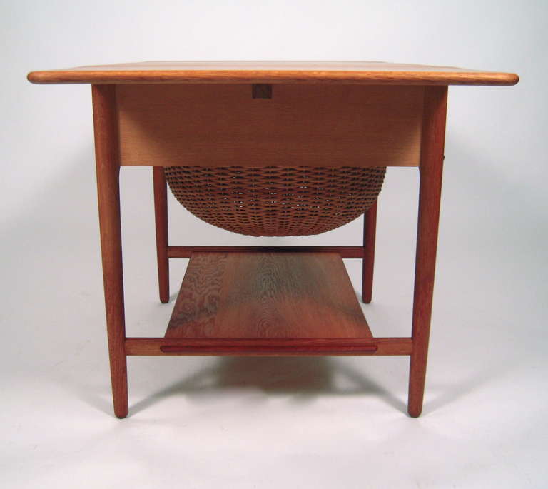 Mid-20th Century Hans Wegner Sewing or End Table with Rattan Basket