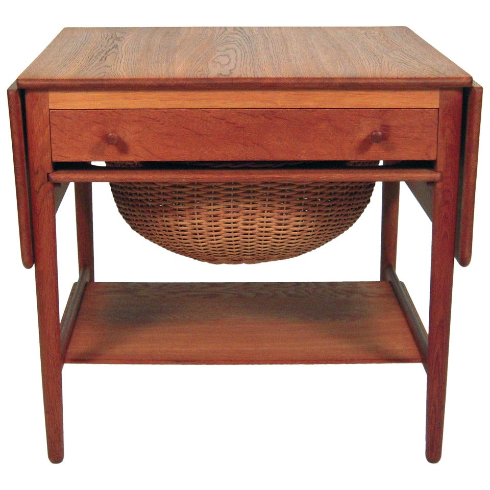 Hans Wegner Sewing or End Table with Rattan Basket