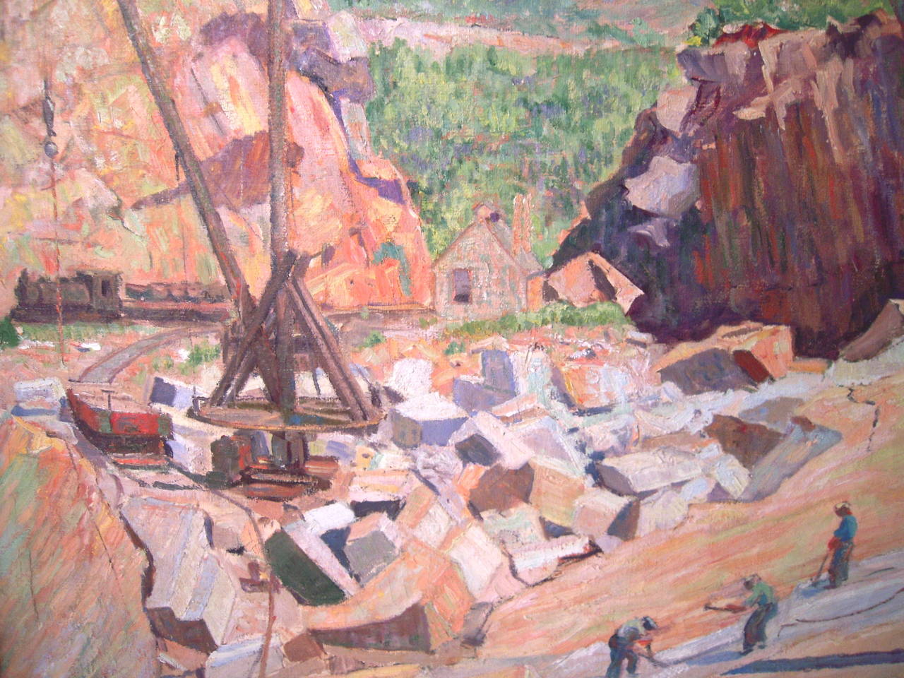 An oil on canvas painting by Donald Blagge Barton (1903-1990) depicting a Rockport (Massachusetts) granite quarry, beautifully and expressively painted, in a custom-made chestnut frame. Signed lower right. 

Framed dimensions: 27 3/4