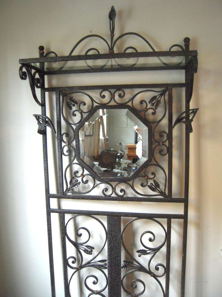 20th Century French Art Deco Period Wrought Iron Hall Tree with Mirror