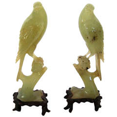 Antique Pair of Chinese Export Carved Jade Birds