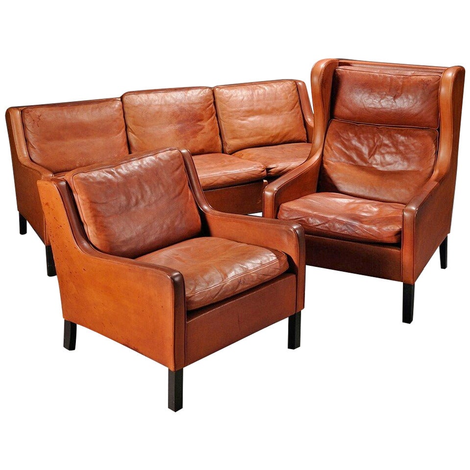 Leather Sofa, Club Chair and Wing Chair by Borge Mogensen